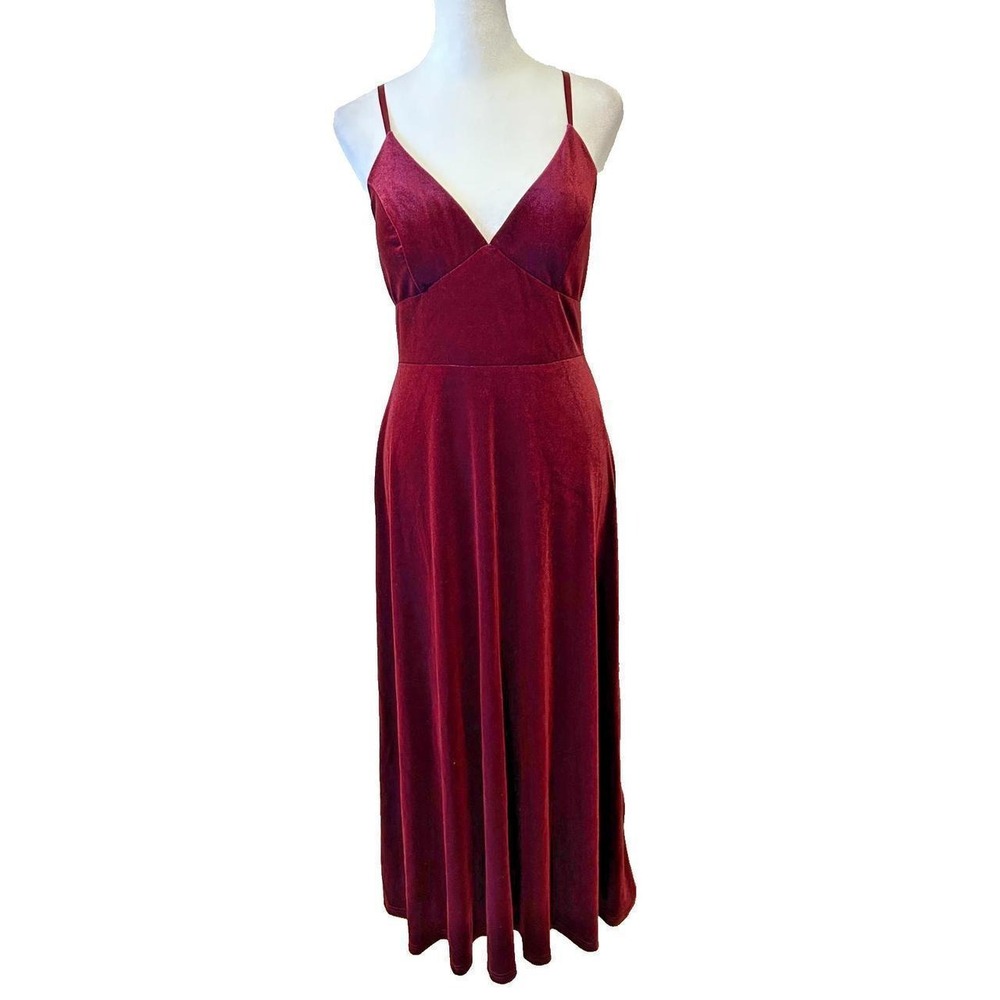 Shein Belle Burgundy Velvet Maxi Dress Sz S Open Back Vamp Goth Witchy Fall NEW